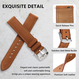 YLK Leather Strap for Garmin Vivomove 3S/Vivoactive 4S, Garmin Venu 3S/Venu 2S, Forerunner 265S/Forerunner 255S, 18 mm Soft Genuine Leather Watch Straps, Adjustable Replacement Strap (Reddish Brown)
