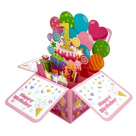 ZYOOO 3D Pop Up Cards Pink 1 Year with Envelope, Girls Greeting Cards Birthday Card for 1st Baby Shower, Baby Shower Party