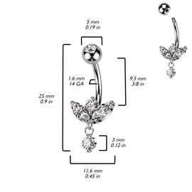 Pierced Owl 14GA 316L Stainless Steel CZ Crystal Marquise with Dangling Gem Belly Button Ring (Gold Tone)