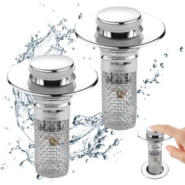 2PCS Universal Bathroom Sink Stopper with Hair Catcher, Pop-Up Drain Stopper with Removable Stainless Steel Filter Basket, Anti-Clog Sink Strainer for US Bathroom/Shower Drain