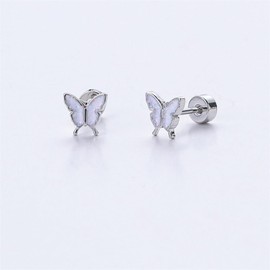 20G Butterfly Glitter Enamel Screw Flat Back Small Tiny Stud Earrings for Women Minimalist Cute Stainless Steel Silver Plated Animal Cartilage Tragus Piercing Little Studs Hypoallergenic Jewelry Gift (White)