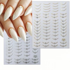 2 Sheets French Tips Nail Art Stickers - 5D Simple Gold Silver Line Nail Stickers with Crystal Diamond Nail Decals French Nail Design Holographic French Nail Supplies for Women Manicure Decorations