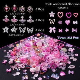 3D Pink Assorted Alloy Nail Charms Planet Heart Butterfly Star Metal Nail Charms Pink Heart Flower Butterfly Bows 3D Nail Pearls Charms for Manicure DIY Crafts Jewelry Accessories Valentines