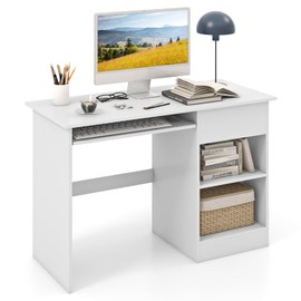 IFANNY Computer Desk with Drawers, Modern Office Desk with Keyboard Tray and Open Storage Shelf, Study Table for Kids, White Home Office Desks, Small Desk for Bedroom, Living Room, Study (White)