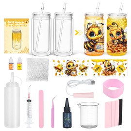 2 Pack 16 Oz Bee Themed Acrylic Snow Globe Tumbler DIY Starter Kit, Double Wall Plastic Pre-Drilled Snowglobe Tumbler Supplies Craft Tool Set, Including Uv Dtf Wrap
