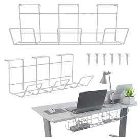 Under Desk Cable Management Tray - Under Desk Cable Organizer for Wire Management. Desk Cable Tray for Office and Home. Compact Standing Desk Cable Management Rack (White Wire Tray - Set of 2X 12'')