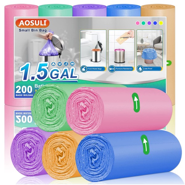 1.5gal Small Trash Bags AOSULI 200 Counts Garbage Bags Colourful Bin Liners for Home Office, Lawn,Bathroom,Toilet Wastebasket (Fits 0.8,1.5,1.2 Gal Gallon Bins)