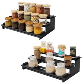 STWWO 2 Pack Spice Rack Organizer for Cabinet, 3 Tier Seasoning Organizer, Metal Step Shelf Countertop Spice Racks for Inside Cabinets, Kitchen, Black