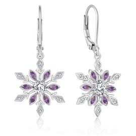 YL Purple Amethyst Snowflake Christmas Winter Earrings for Women, Solid Sterling Silver 18K White Gold Plated Created Birthstone Dangle Drop Leverback Earrings Jewelry