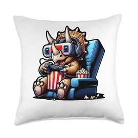 Gamer Triceratops Popcorn Gaming Chair Headphones Games Throw Pillow