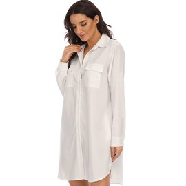 Women's Casual White Button Down Shirts Dress Long Sleeve Loose Swimsuit Cover Up Blouse Tops with Pockets