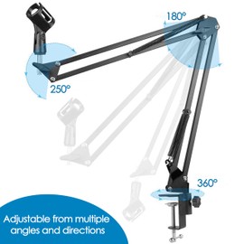 YTDSUP Boom Arm Microphone Mic Stand, Flexible Long Arm Clamp Clip Stand with Mount Clamp, Mic Holder with 3/8'' 5/8'' Thread Cable Ties Metal Base, for Podcast, Rotatable Foldable Adjustable - BLACK