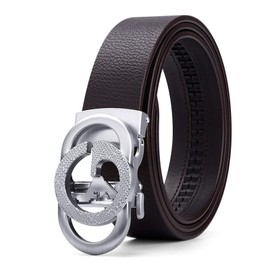 VANNANBA Ratchet Leather Belt for Men Designer Belts for Men with Automatic Buckle Alloy,Trend Fashion with Gift Box, Silver-brown Leather, 36"-39" Waist Adjustable