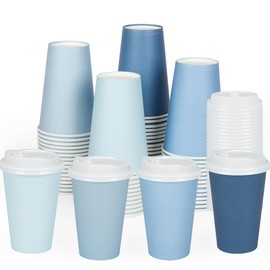 80 Pcs 12 oz Dusty Blue Disposable Coffee Cups with Lids Dusty Blue Gradient Party Paper Cups Baby Shower Light Blue Cups for Hot Cold Beverage Water Juice Coffee Tea Wedding Baby Shower Supplies