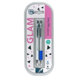 Office Hub Pack of 2 Glam Pen Easy Roll Ballpoint Pens – 1 Blue Ink & 1 Black Ink – Smooth Flowing Ink for Effortless Writing – Retractable Click Design with Clip