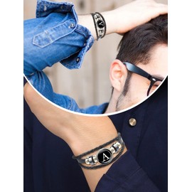 Mens Leather Initial Bracelet Multi-Layer Braided Leather Bracelet Simple Letter Bangle Bracelets for Men Boys (B)