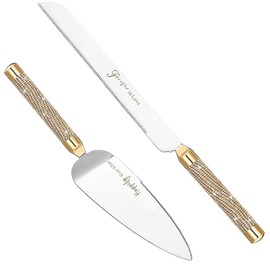 Juego de cuchillos y servidores para tartas de boda, cortador de pasteles de acero inoxidable 420 y cortador de pastel para servidor, juego de corte de pasteles con mango de diamantes de imitación para regalos de boda, regalos de compromiso para novio y 