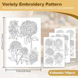 DOODLREAM 16Pcs Hydrangea Bouquet Water Soluble Hand Sewing Stabilizers, 21 x 29.7cm Flower Embroidery Pattern Stabilizer, 4 Sheets Floral Stick and Stitch Embroidery Paper Sticker