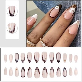 Uñas postizas cortas de almendra, prensa francesa, cobertura completa, acrílico, estampado de leopardo, margaritas, para mujer, 24 unidades