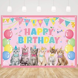 Cat Party Decoration Supplies Cat Happy Birthday Backdrop Kitten Photography Backdrop Cat Party Photo Background for Pets, Cat Lover, Kids Cat Theme Birthday Party