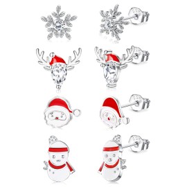 Diamday 4 Pairs 925 Sterling Silver Christmas Earrings for Women Girls Xmas Earrings Christmas Stud Earrings Silver Christmas Jewellery Gifts Christmas Earrings Studs Set Snowflake Snowmen Earrings
