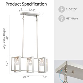 WUZUPS 3-Light Chandelier Glass Cube Shade Pendant Light Modern Lighting Fixture for Kitchen Diningroom Bathroom Livingroom, H 9.4" x W 8.3" x L 23.6", G9 Base, Brushed Nickel
