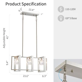WUZUPS 3-Light Chandelier Glass Cube Shade Pendant Light Modern Lighting Fixture for Kitchen Diningroom Bathroom Livingroom, H 9.4" x W 8.3" x L 23.6", G9 Base, Brushed Nickel
