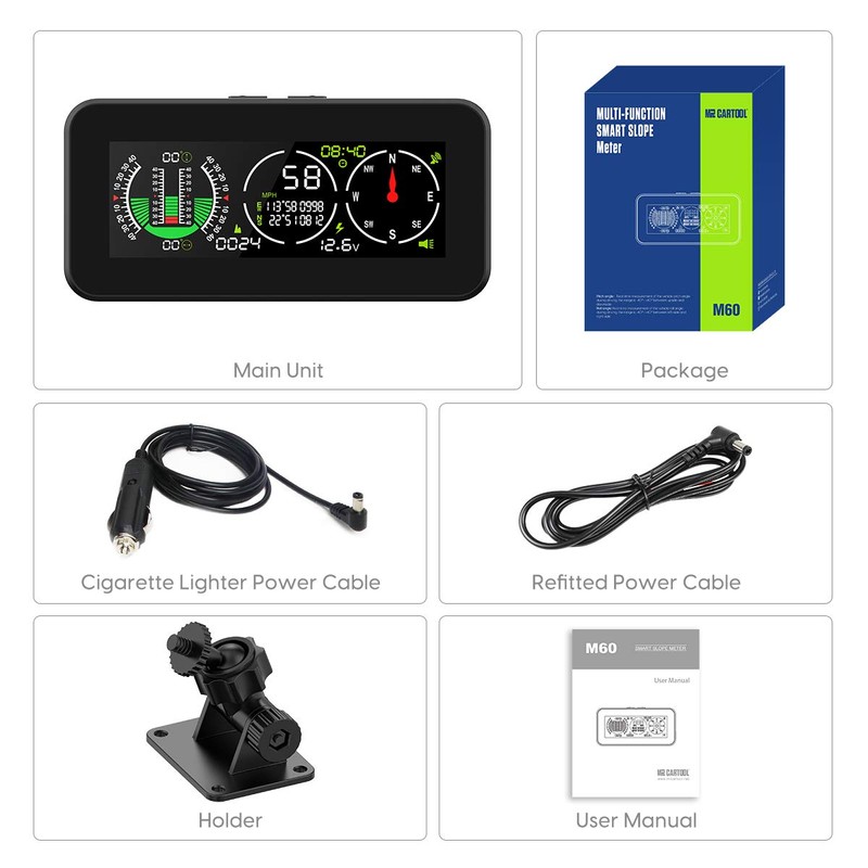M60 Car Inclinometer for for Off-Road SUV Vehicles, MPH KMH