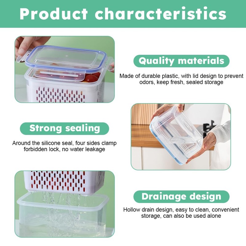 2 Pack Fruit Storage Containers for Fridge with Removable Drain