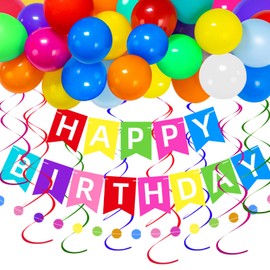 Rainbow Happy Birthday Banner, Colorful Birthday Balloons, Paper Circle Garland Swirl Streamers for Large Happy Birthday Sign Photo Backdrop Birthday Banner Kit