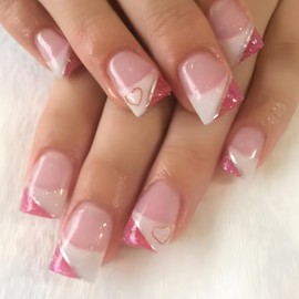 Valentine's Day Press on Nails Short Love Heart Square Fake Nails Glossy Acrylic Nails Full Cover Valentine's Stick on Nails Holiday French Tip Press on Nails Artificial Glue on Nails for Women