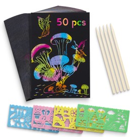 Scratch Art Paper For Kids, 50 Pcs Rainbow Scratch Notes Paper Arts Set Black Doodle Pads with 4 Stencils 5 Wooden Stylus for Party Game Easter Presents Birthday Gift Party bag filling (5.1'' x 7.4'')