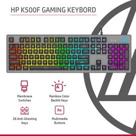 HP K500F Backlit Membrane Wired Gaming Keyboard with Mixed Color Lighting, Metal Panel with Logo Lighting, 26 Anti-Ghosting Keys,