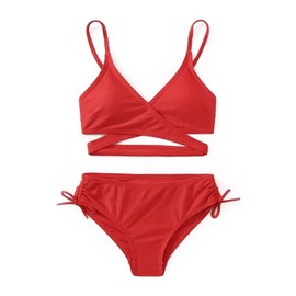 MIENOE - Traje de baño de dos piezas con cuello en V y correas ajustables para los hombros, traje de baño para niños con almohadilla para el, Rojo -️︎ Estilo cruzado, 12-14 años