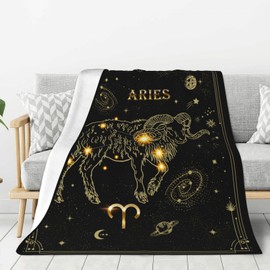 Aries Zodiac Blanket 60"X50", Witchy, Gothic Gifts - Soft Throw Blanket with Tarot, Moon, Constellation Pattern