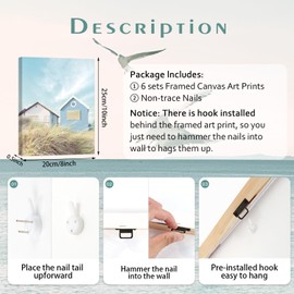 HPNIUB Beach Canvas Pictures Tropical Summer Ocean Coastal Poster 6 Framed Pictures Sea (20 x 25 cm), Maritime Surfboard Decoration Set for Bathroom Girls Room, California Beach Picture Bathroom