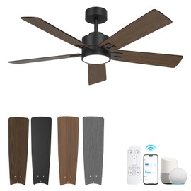 HYSZL 52 Inch Smart Ceiling Fan with Light, Outdoor Ceiling Fans for Patios, Quiet Reversible DC Fan Dimmable for Bedroom Living Room Covered Porch, 2 Sets of 5 Blades (Black/Walnut & Gray/Tan)