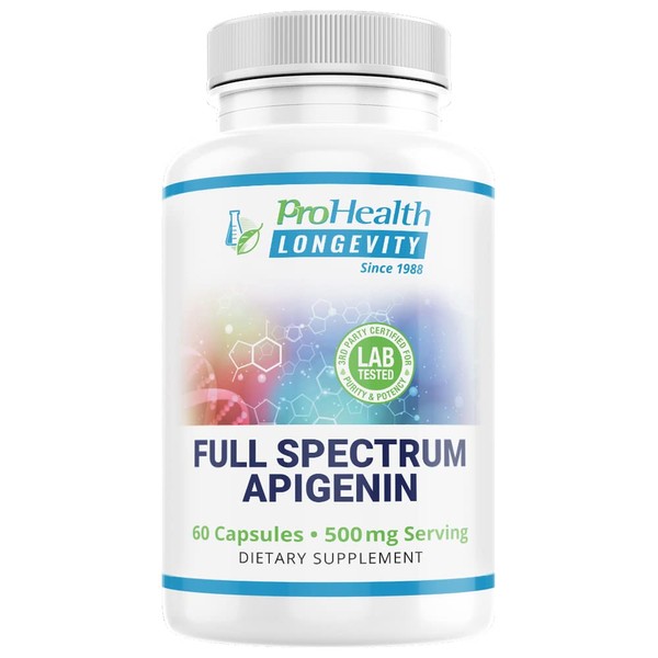 ProHealth Full Spectrum Apigenin. Purest Form Apigenin, Parsley Powder, Piperine. for People 40+. Enhanced Absorption. Supports Brain, Heart, Rest, Longevity. 60 Capsules. 500 mg/2-capsule Serving.