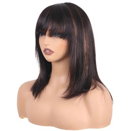 ManeMajesty Highlight Ombre Short Bob Wig with Bangs 18 inch Straight Wig with Bangs Glueless Non Lace Front Wig Machine Made Straight Bob Human Hair Wigs for Women Fs1b/30