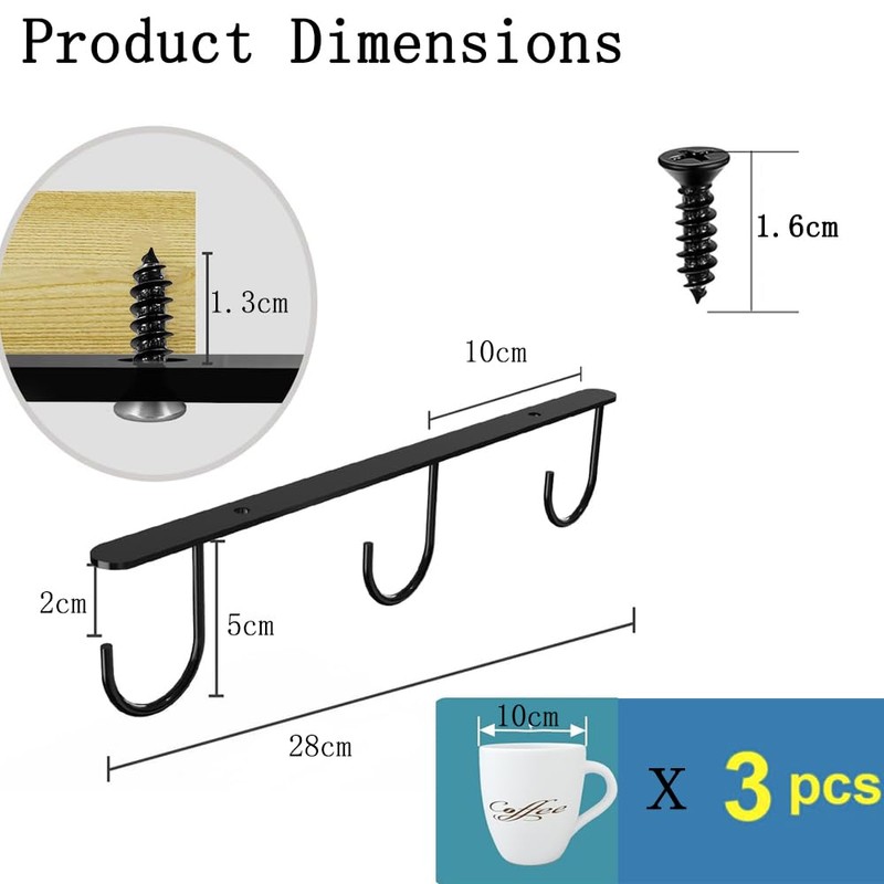 3 Pieces Cup Holder.Coffee Cup Holder for Hanging Under Shelves.Cup