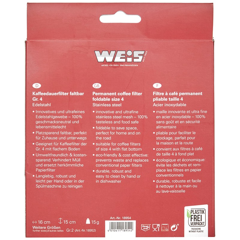 Weis 18954 Coffee Permanent Filter Stainless Steel