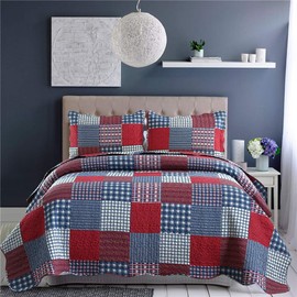 Jessy Home Red Blue Plaid Quilt Twin Size Patchwork Bedspread Country Quilt Blue White Plaid Bedspread Reversible Plaid Printed Quilt Mens Lightweight Coverlet Set Plaid Quilts+2 Pillow Shams