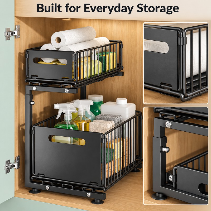 2-Tier Under Sink Organizer for Kitchen & Bathroom – Adjustable