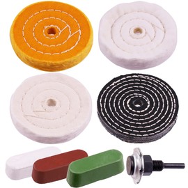 Swpeet - Juego de 7 ruedas de pulido de 4 pulgadas, 8 unidades, con 3 compuestos de pulido y vástago de taladro de 1/4 pulgadas, algodón blanco (50 capas), algodón amarillo (36 capas), franela (30