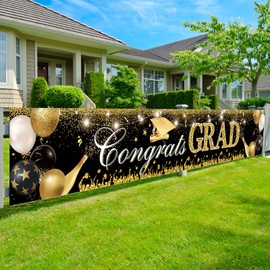 Graduation Yard Patio Banner Decoration 2025, 9.8×1.6ft Congrats Grad Banner with 32.8ft Rope, Tear-Resistant Yard Welcome Sign for Class of 2025 High School College Graduation Party Supplies Decor