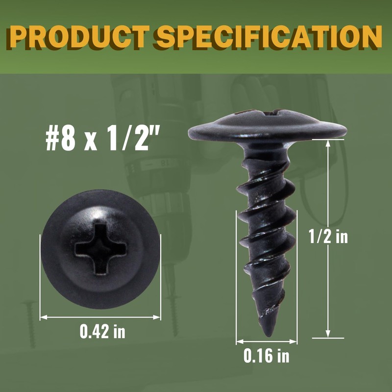 LIONMAX Black Wood Screws #8 x 1/2 Inch, 200-PCS, Self