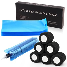 200PCS Pen Covers with 6PCS Grip Tape - CINRA Machine Cover Bags Blue Tattoo Pen Covers Sleeves 2.56" x 7.09" with Black Grip Cover Wrap Self-Adherent Tape Plastic Covers for Tattoo Supplies