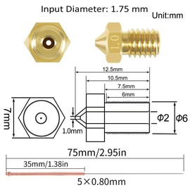 Aokin 10 Pcs 1.0mm Extruder Nozzles 3D Printer Brass Nozzles for E3D V5 V6 and 5 Pcs 0.8mm Stainless Steel Nozzle Cleaning Needles for 1.75mm Filament 3D Printer