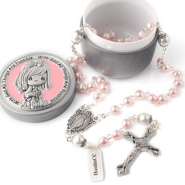 HanlinCC 6mm Pink Glass Pearl Beads First Rosary Necklace with Silver Zinc Alloy Box (Pink Pearl Miraculous Rosary with Box for Girl)
