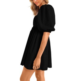 Ebifin Womens Square Neck Dresses Half Puff Sleeve High Waist A-Line Casual Backless Smocked Short Babydoll Mini Dress